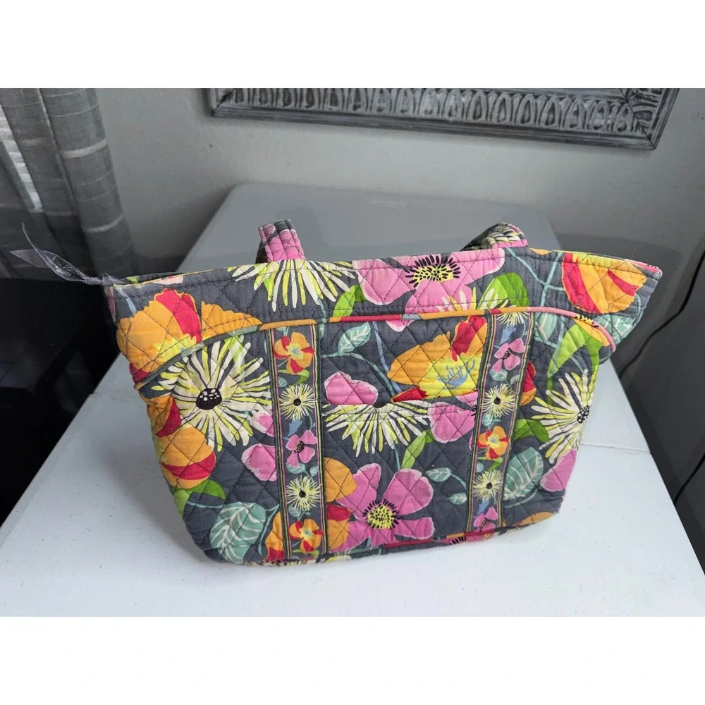 Vera Bradley Quilted Cotton Floral Tote Bag Grey Pink Yellow Shoulder Bag